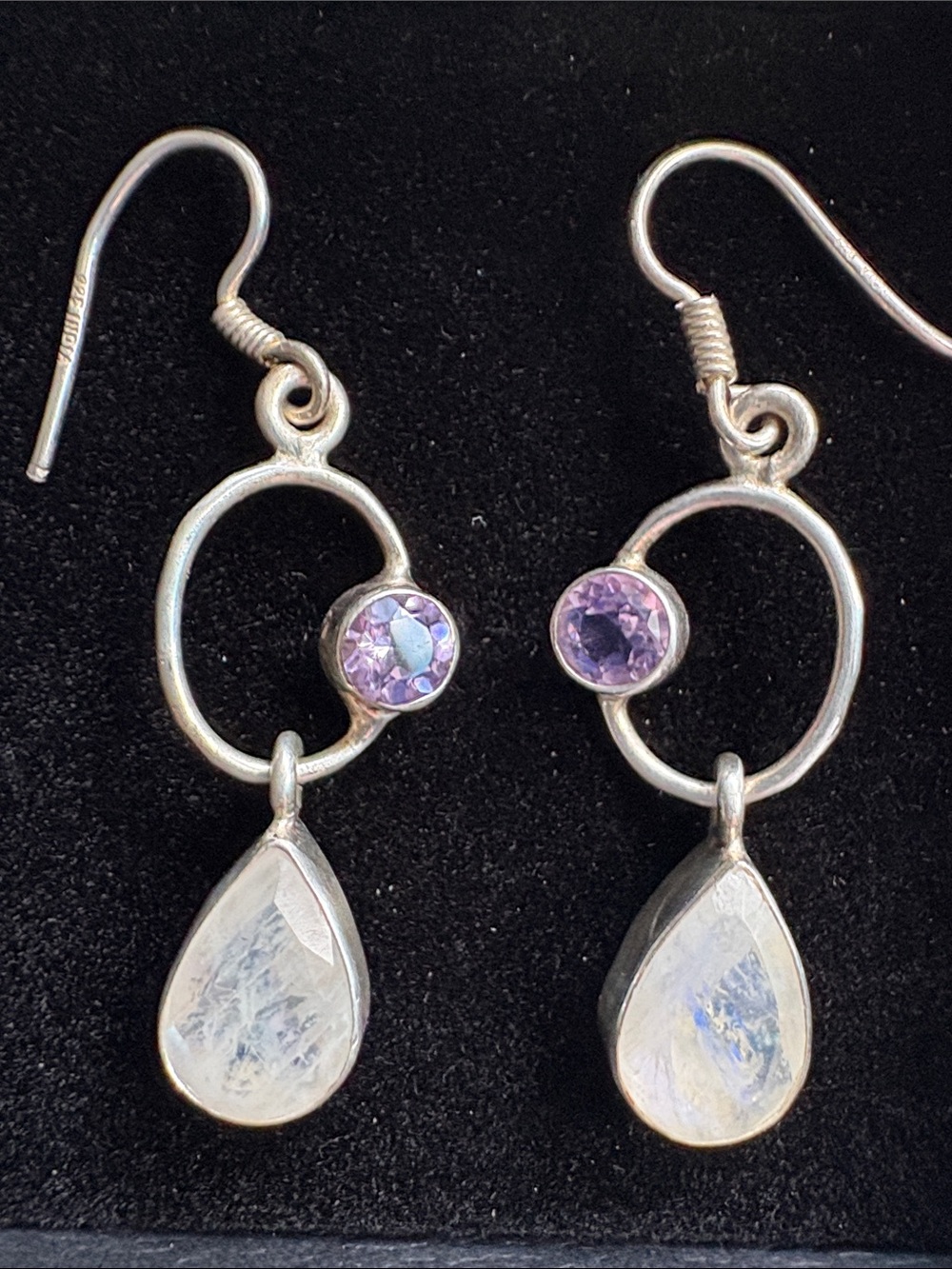 Moonstone and Amethyst Sterling Silver Dangle Earrings